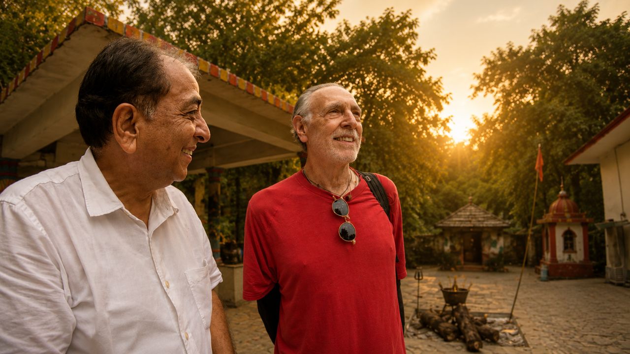 Krishna Das and Dr. Mungali together at a temple courtyard in India at sunset